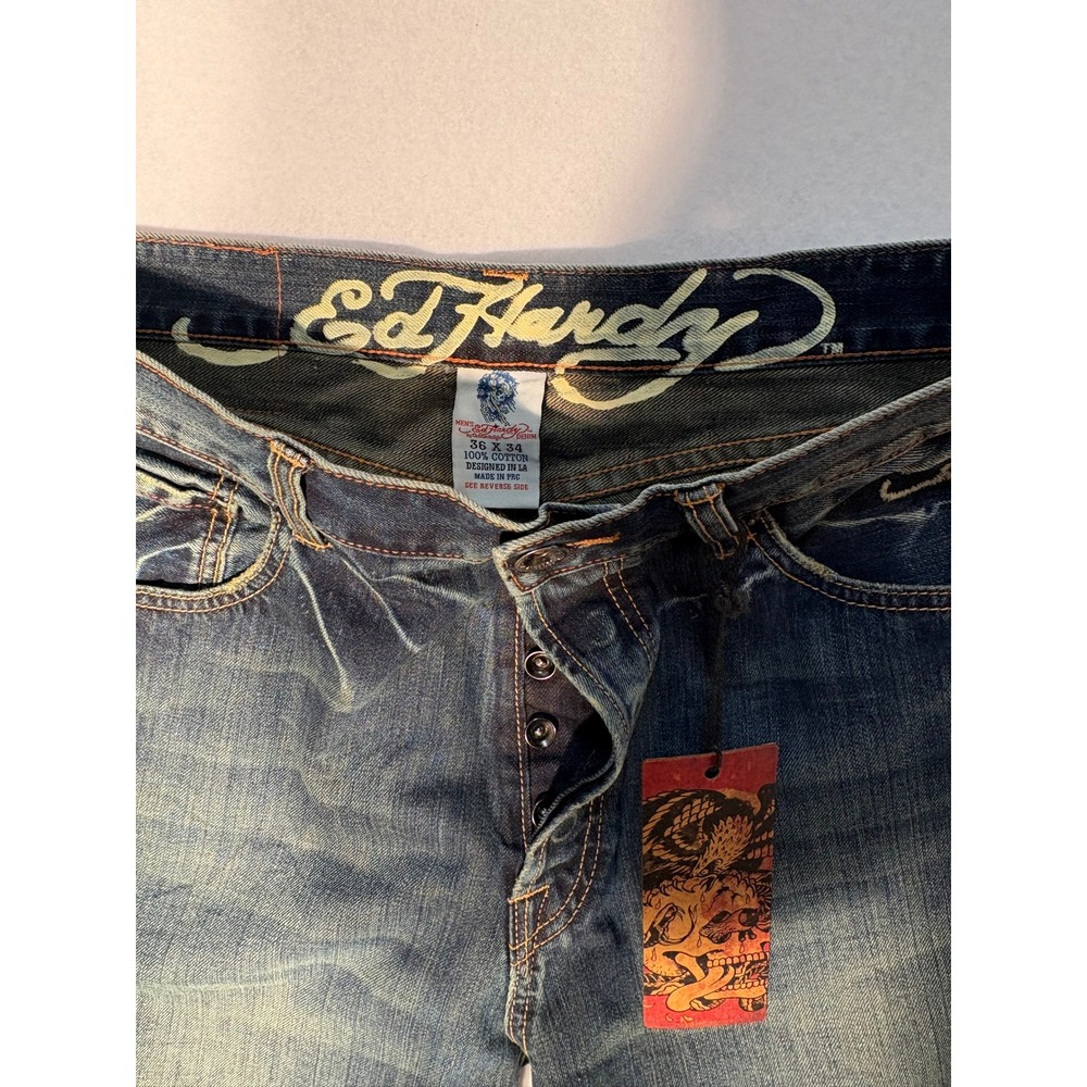 Ed Hardy Mens Distressed Straight Leg Jeans Tattoo Embroidery Dark Wash 36x34 - Picture 8 of 12